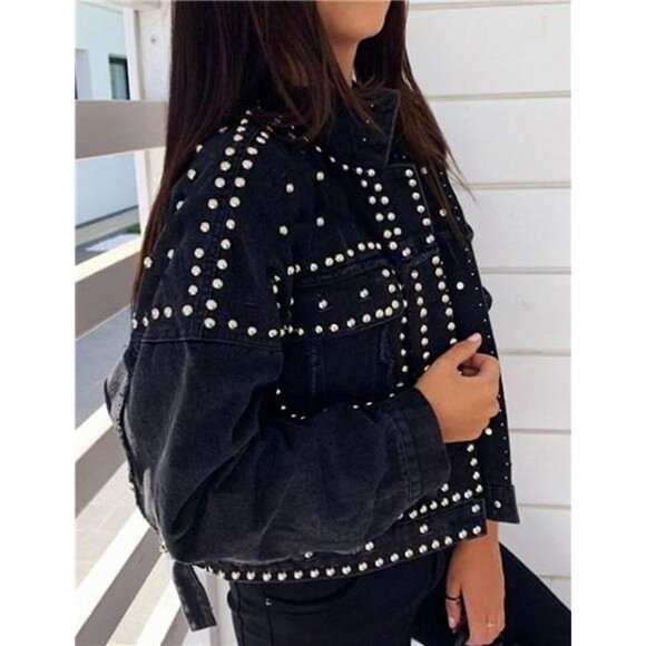 Black Denim Studded Jean Jacket Distressed Western Embellished Trucker Jacket - Picture 2 of 9